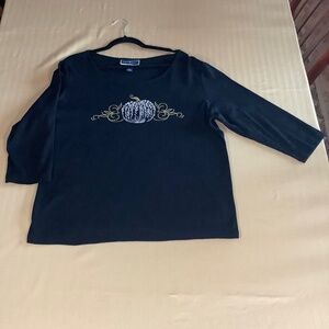 Karen Scott Black Silver Rhinestone Gold Glitter Pumpkin Top Sz XL 3/4 Sleeve